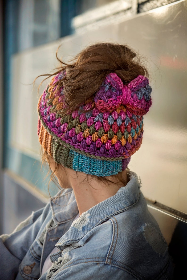 Spirit Hat Messy Bun Beanie Crochet Pattern 2 Crochet Options Regular Closed Hat Or Messy Bun Hat Messy Bun Hat Crochet Pattern image 2