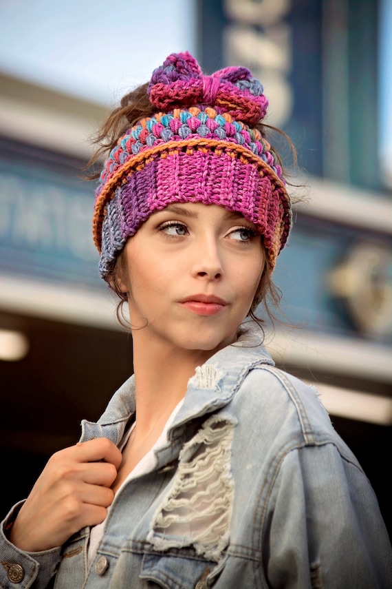 Handmade Hand Crafted Knit Messy Bun Hat adult/teen size purple pink Purple and blue plaid messy bun hats for sale main image 4