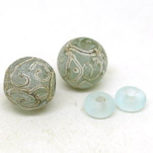 Handmade Lampwork Beads, Pale Blue Pair, Scroll Design, Aged Finish, Unique Glass Art, Jewelry Making Supplies