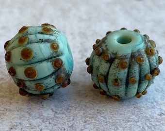 Copper Green & Raku Sea Urchin Glass Bead Pair - Handmade Lampwork