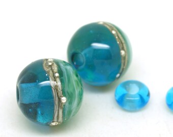 Blue Green Bead Pair - Handmade Lampwork Beads