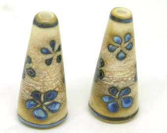 Ivory and Blue Glass Bead Pair - Handmade Lampwork  Beads - Organic Style Flowers