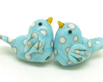 Blue Glass Bird Beads - SRA Lampwork Bead Pair -Beads for earrings