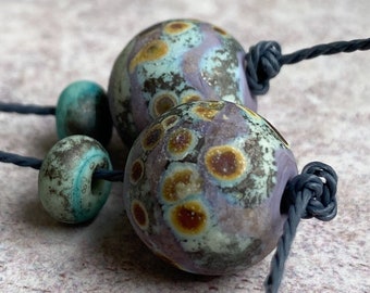 Rustic Violet & Copper Green Lampwork Bead Pair - Raku Frit