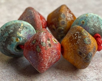 Rustic Lampwork Bicone Beads - Raku- Ochre, Red, Green - Artisan