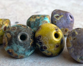 Rustic Lampwork Bicone Beads - Raku-  Violet, Turquoise and Pistachio - Handmade Glass