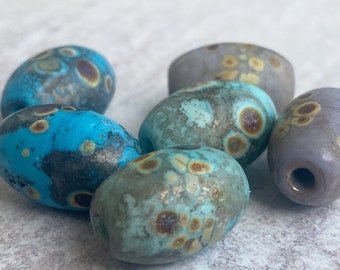 Aged Rustic Lampwork Barrel Beads - Muted Coloured Bead Set - Raku