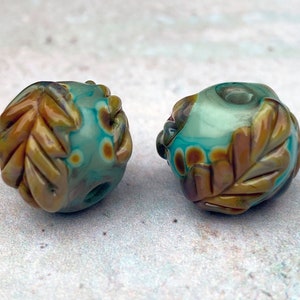 Lampwork Glass Bead Pair Oak Leaves Autumn Green Raku