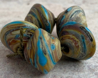 Rustic Lampwork Bicone Bead Set - Raku, Turquoise