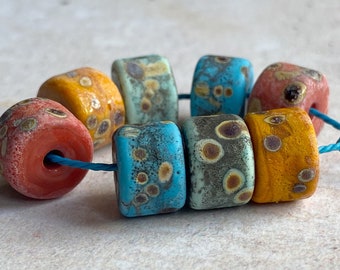 Rustic Bead Set in Colouful Shades of Blue, Green, Yellow and Red with Raku Frit.