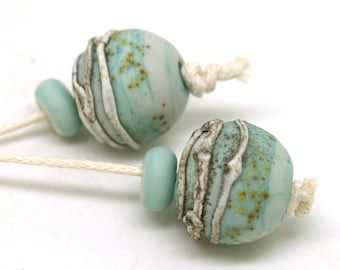 Green Glass Bead Pair - Aged Lampwork Beads SRA