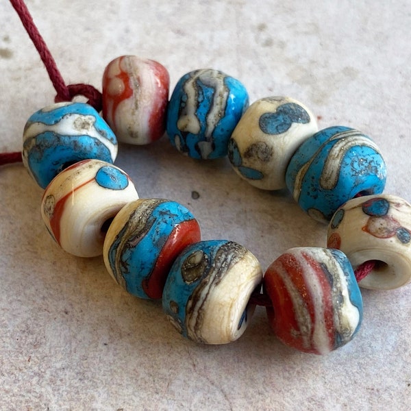 Lampwork Nugget Set - Rustic Style - Coral Turquoise Ivory Glass Beads