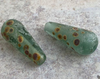 Rustic Glass  Long Teardrop Bead Pair - Green & Raku