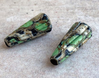 Green, Black & Ivory Lampwork Bead Pair - Rustic style Beads