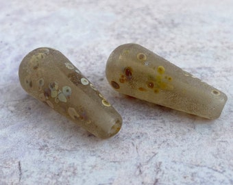 Rustic Glass  Long Teardrop Bead Pair - Pale Brown & Raku