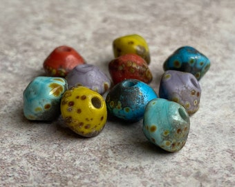 Small Rustic Bicone Bead Set - Handmade Lampwork- Colourful Shades