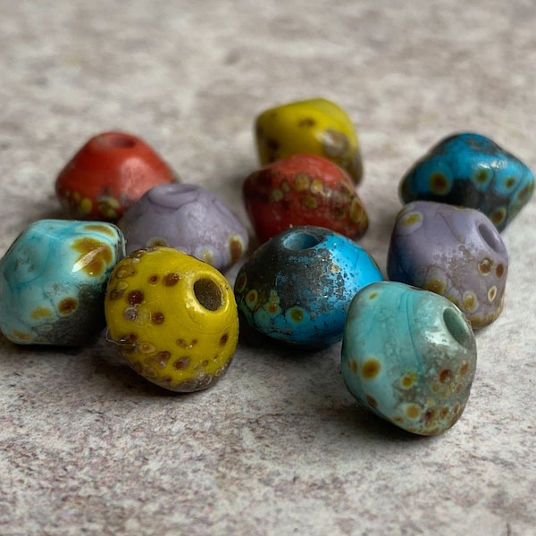 Small Rustic Bicone Bead Set - Handmade Lampwork- Colourful Shades