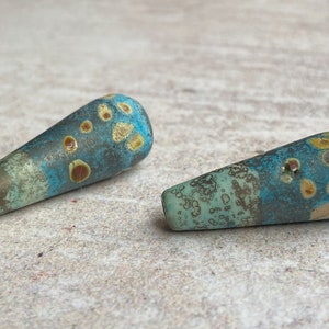 Rustic Glass  Long Teardrop Bead Pair - Dark Turquoise Copper Green Raku