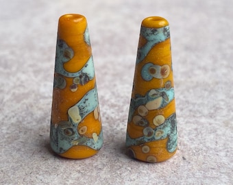 Small Rustic Cone Pair - Copper Green & Ochre - Raku Frit