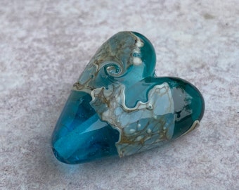 Transparent Aqua & Teal Focal Heart Bead - Lampwork Glass - Graduated