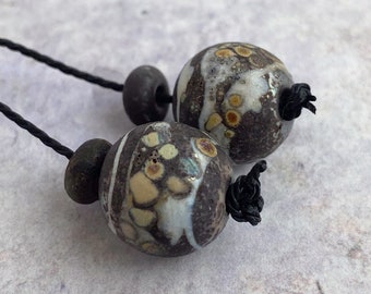 Black and Ivory Lampwork Bead Pair - Raku Frit