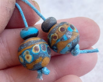 Dark Turquoise & Terracotta Lampwork Bead Pair - Raku Frit - Handmade Glass Beads