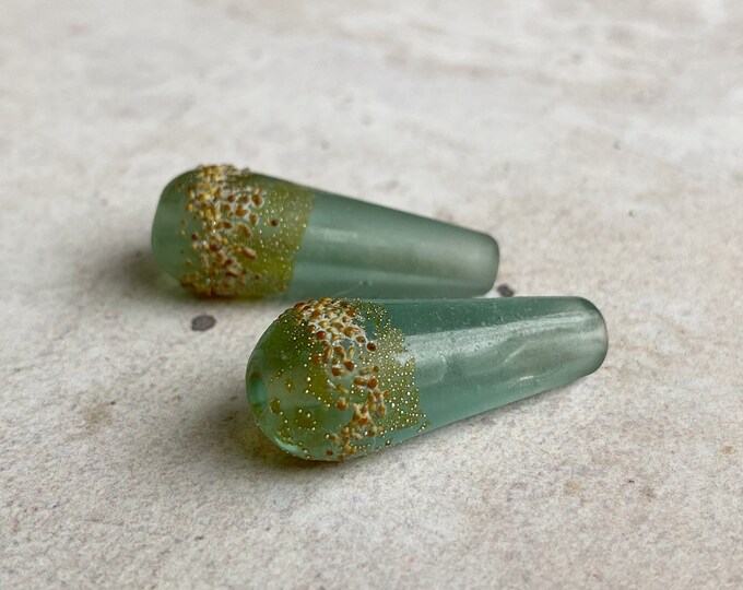 Rustic Glass  Long Teardrop Bead Pair - Antique Green & Raku