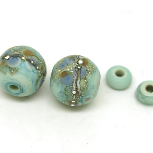 Turquoise Green & Pastel Frit Bead Pair - Handmade Glass Beads - SRA Lampwork