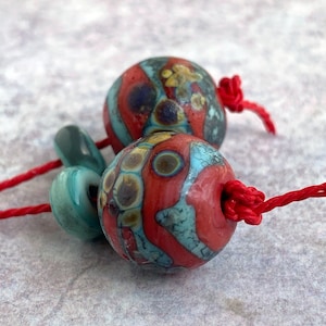 Rustic Coral & Copper Green Lampwork Bead Pair - Raku Frit