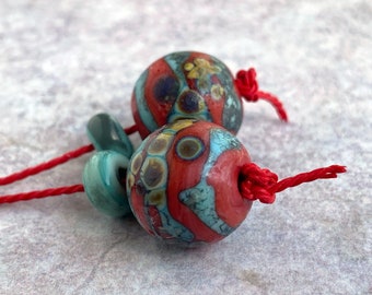 Rustic Coral & Copper Green Lampwork Bead Pair - Raku Frit