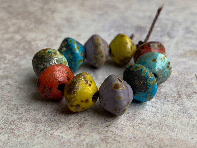 Small Rustic Bicone Bead Set Handmade Lampwork Colourful Shades image 4