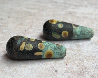 Rustic Glass  Long Teardrop Bead Pair - Black Copper Green & Raku