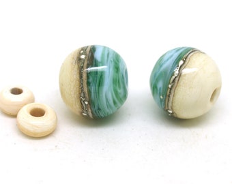 Handmade Lampwork Glass Beads: Ivory & Teal Round Earrings