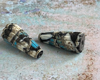 Turquoise, Black & Ivory Lampwork Bead Pair - Rustic style Beads