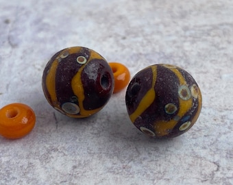 Chocolate Brown & Ochre Lampwork Bead Pair - Raku Frit - Handmade Glass Beads