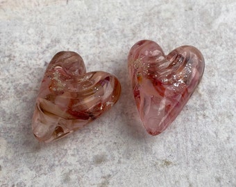 Lampwork Heart Bead Pair - Encased - Pink Brown