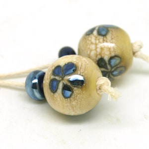 Ivory & Blue Glass Beads  - Handmade Lampwork SRA - Organic Style Flowers