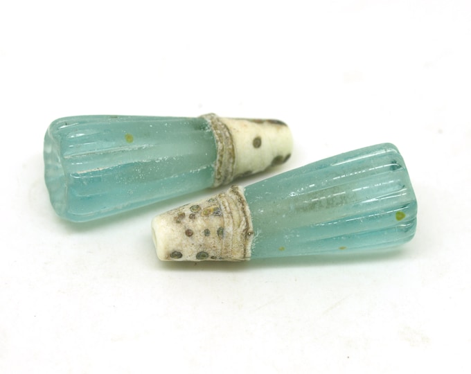 Organic Glass Bead Pair -  SRA Lampwork Beads - Green & Ivory - Raku Beads