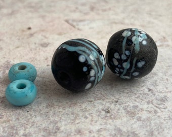 Black and Turquoise - Handmade Lampwork Bead Pair