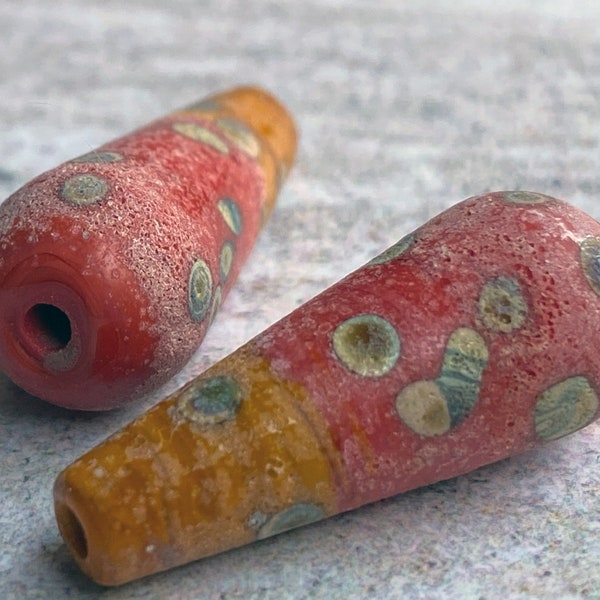 Rustic Glass  Long Teardrop Bead Pair - Coral Red Ochre Yellow Raku