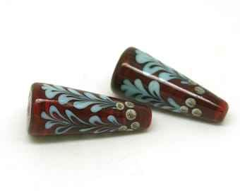 Red Glass Bead Pair - SRA Lampwork Beads - Christmas Leaves and Berries