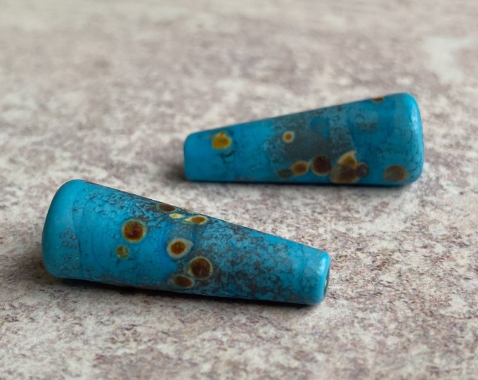 Small Rustic Cone Pair - Dark Turquoise Raku Glass Beads - SRA Lampwork