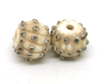 Ivory Sea Urchin Glass Bead Pair - Handmade Lampwork