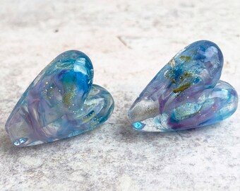 Lampwork Heart Bead Pair - Encased - Purple Blue