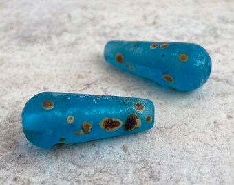 Rustic Glass  Long Teardrop Bead Pair - Turquoise & Raku