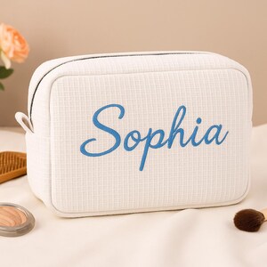 Embroidered Name Waffle Makeup Bag Personalized Waffle Cosmetic Bag Embroidered Monogram Makeup Bag Travel Toiletry Bag Back To School