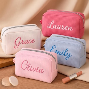 Personalized Waffle Cosmetic Bag Embroidered Name Waffle Makeup Bag Bridesmaid Makeup Bag Initials Makeup Bag Custom Bridesmaid Gift