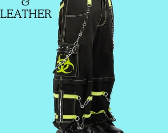 Men's Gothic Threads Reflective Pant Black Punk Buckle Zips Chain Strap Punk Trousers with understated Gothic Pants,Biohazard zip off Pant