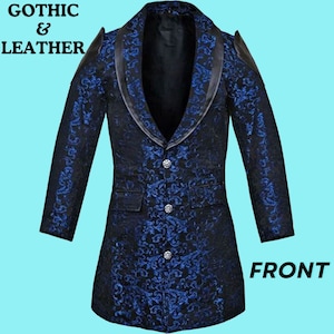 Mens’s Jacket Coat Blue Damask Gothic Steampunk Vtg Aristocrat Faux Leather,Gothic trench coat,Gothic long coat-Handmade