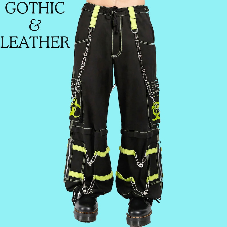 Men's Gothic Threads Reflective Pant Black Punk Buckle Zips Chain Strap Punk Trousers with understated Gothic Pants,Biohazard zip off Pant image 2